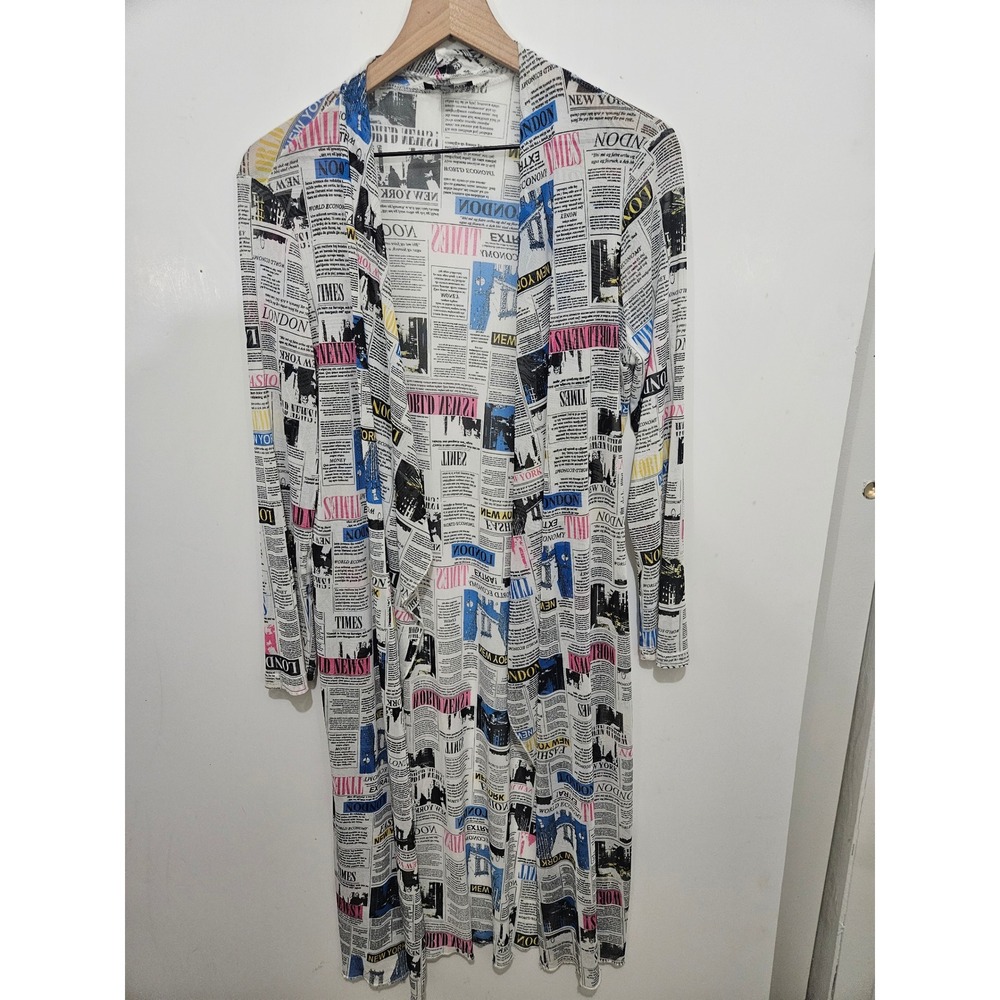 Wearever L Newspaper Print Duster Cardigan Long Open Front Y2K Graphic Novelty